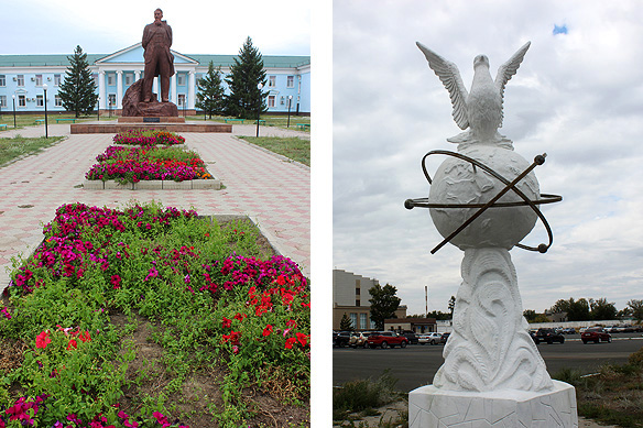 Left: Statue of the city's namesake Igor Kurchatov, 'Father of the Soviet Bomb,' with the former headquarters of the Semipalatinsk Nuclear Test Site in the background; Right: Peaceful Atom Monument in Kurchatov honouring atomic energy for peace.