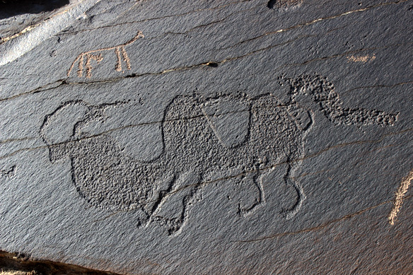 Double-humped Bactrian camel petroglyphs illustrate the introduction of the animal to the steppes via ancient trade routes.