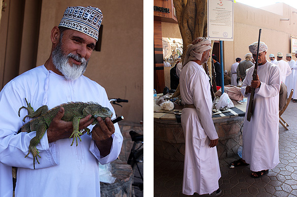 Left: Not for sale. A shopkeeper and his pet iguana selling Rolex watch knockoffs; Right: The guns and daggers makeshift stall in Nizwa Souq.