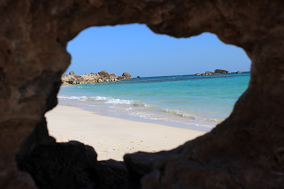 Fazayah Beach can only be accessed by an offroad route over craggy mountains.