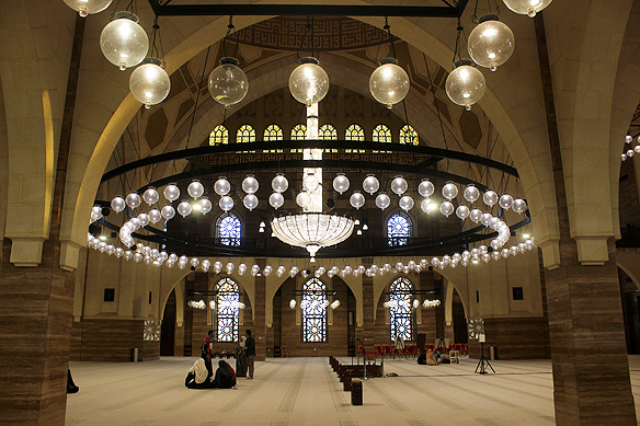 Inside the Ahmed Al-Fateh Grand Mosque: the lights an ode to the kingdom's pearling history.