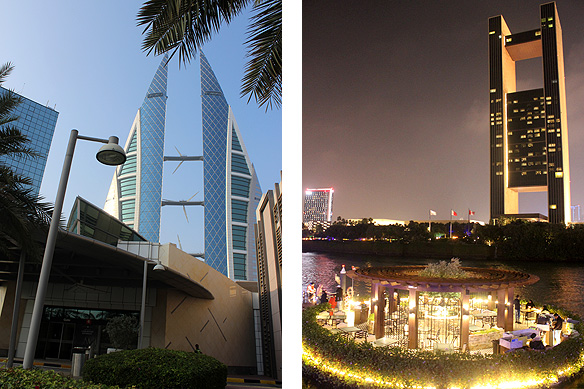 Left: Bahrain World Trade Centre; Right: Four Seasons Hotel with a fine-dining restaurant in the foreground, Bahrain Bay.