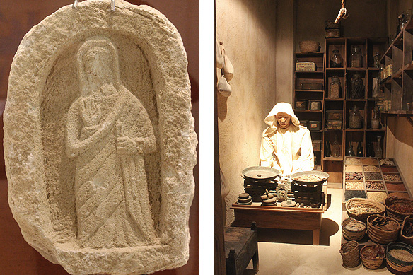 Left: Grave portrait, dated around 150 AD. Hellenistic in style, the raised right hand was unique to Tylos—it was a Parthian gesture of greeting in reverence to the gods. Right: Grocery store in the recreated traditional Bahraini souq.