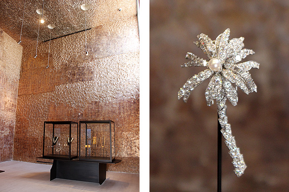 Left: Pearl Museum's main hall lined in patinated silver leaf; Right: Diamond and pearl brooch designed by Cartier in 1950.