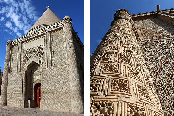 Terracotta tiles with over 60 different design motifs cover the entire facade of Aisha Bibi's Mausoleum giving it an ethereal lace-like quality.