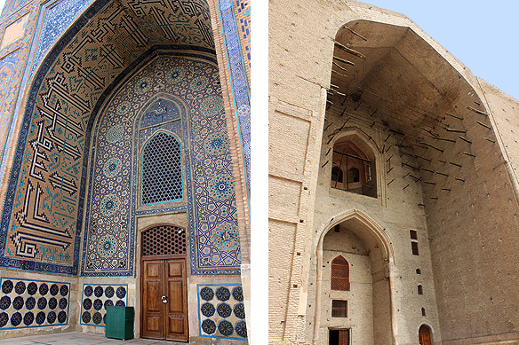 The completed rear entrance [left] and incomplete front entrance [right] of the mausoleum.