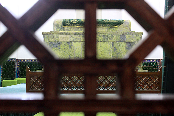 Tombstone of the Sufi saint Khoja Ahmed Yasawi inside the mausoleum.