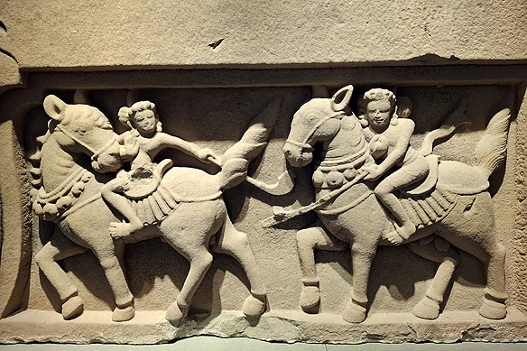 Polo players, a Persian sport brought into Vietnam through the Chinese Tang dynasty, 10th Century, Sandstone, Thach An.