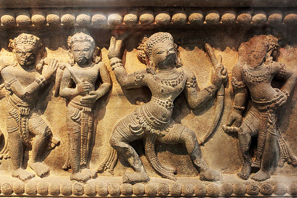 Prince Rama trying to bend the sacred Rudra bow in the epic Ramayana, Tra Kieu Pedestal, 10th Century, Sandstone, Tra Kieu. [National Treasure]