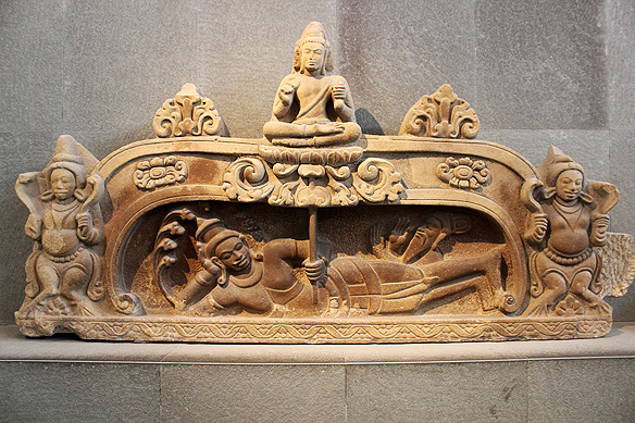 Birth of Brahma from a lotus flower which emerged from Vishnu's naval, 7th – 8th Century, Sandstone, My Son E1. [National Treasure]