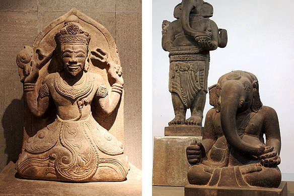 Left: Shiva with a moustache and beard in the Late Cham Style, 15th Century, Sandstone, Yang Mum; Right: Shiva's elephant-headed younger son Ganesha, 7th – 8th Century, Sandstone, My Son E5. [National Treasure]