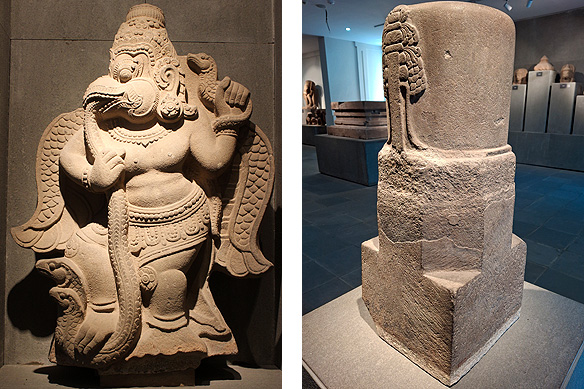 Left: Garuda, Vishnu's vahana [mount], 12th Century, Sandstone, Thap Mam; Right: Linga, the aniconic representation of Shiva, 10th Century, Sandstone, Phong Le.