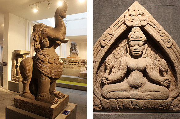 Left: Gajasimha, a mythical half-lion and half-elephant hybrid animal, 12th Century, Sandstone, Thap Mam. [National Treasure]; Lakshmi, goddess of wealth and consort of Vishnu, 11th – 12th Century, Sandstone, Chien Dan.