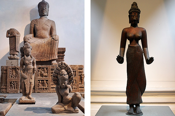 Left: Buddha [the largest Cham statue discovered to date], 9th Century, Sandstone, Dong Duong Buddhist Complex; Right: Bodhisattva Tara, 9th Century, Bronze, Dong Duong Buddhist Complex. [National Treasure]