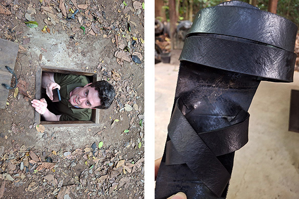 Left: An American tourist emerging out of a Cu Chi Tunnels entrance; Right: Viet Cong soldiers wore rubber sandals made from discarded tires. Together with a checkered black and white scarf, it formed their 'uniform.'
