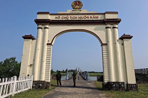 Hien Luong Bridge across the Ben Hai river on the DMZ. The bridge has historically been painted half blue and half yellow representing North and South Vietnam.