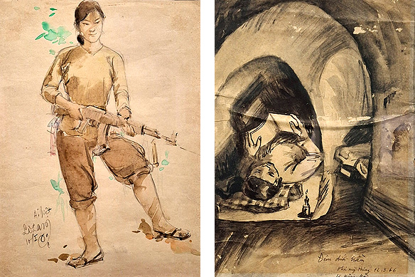 While the US forces and its allies recorded the war using war photographers, North Vietnam and Viet Cong did it through art. 'Sketches of the Southern Resistance War': Ms. Ai Viet, and Night in the Basement. [HCMC Museum of Fine Arts]