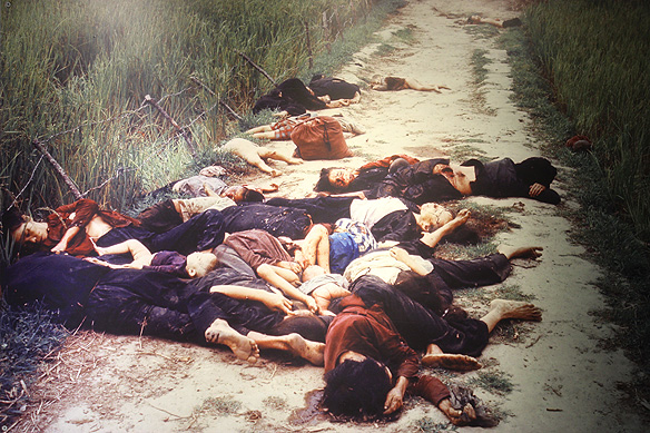 My Lai Massacre on 16 March 1968 in which 504 villagers, most of whom were women, the elderly, and children were slaughtered by US forces. [War Remnants Museum, Ho Chi Minh City]
