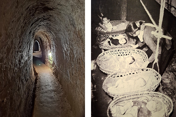 Left: Vinh Moc Tunnels were home to 60 families during the six worst years of the war; Right: Kindergarten inside the tunnels.