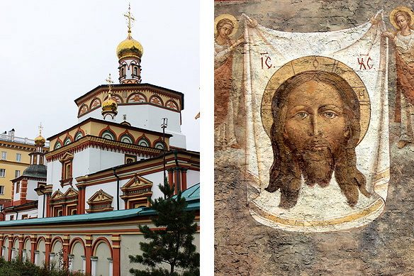 Left: The colourful Epiphany Cathedral was built in 1718; Right: 'Veil of Veronica' fresco on the facade of Irkutsk's oldest church—the Church of Our Saviour dated 1706.