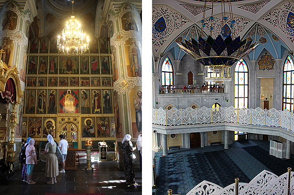Side-by-side, in our creator we believe. Left: Inside the Annunciation Cathedral; Right: Inside the Kul Sharif Mosque next to it.