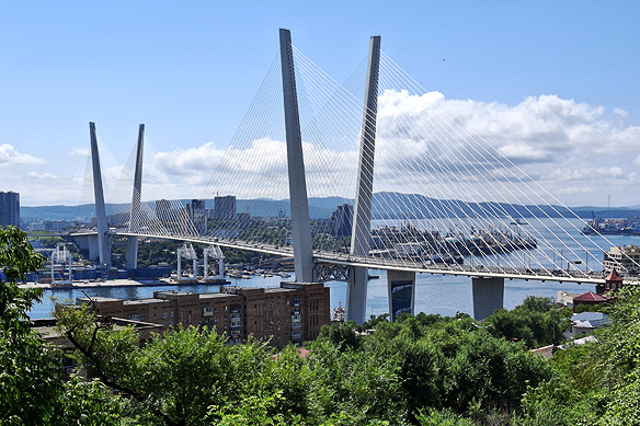 Golden Bridge stretching over Golden Horn Bay. The viewpoint is reached by a funicular railway.