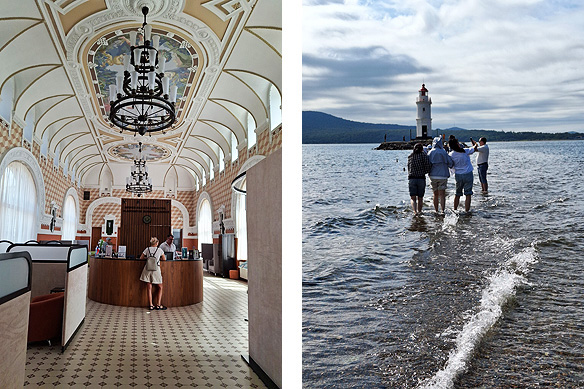 Left: Business Lounge in the Vladivostok Railway Station [1912]; Right: Group of Chinese tourists making their way to the Tokarevsky Lighthouse.