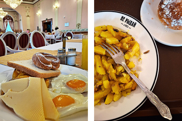 Left: Breakfast at the oh so ornate dining room of the historic Versailles Hotel; Right: Lunch at the legendary Ne Rydai! canteen.
