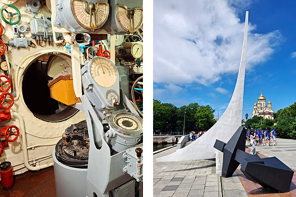 Left: Vladivostok's sea-front offers a unique opportunity to scramble inside a World War II S-56 Submarine; Right: Monument at the Landing Place of the Founders of Vladivostok. Behind it is the gold-domed Spaso-Preobrazhensky Cathedral, one of the newest additions to the city.