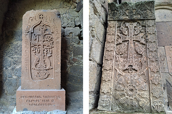 Each khachkar of the 50,000 still around in Armenia is unique. Left: Khachkar dated 1516 in St. Maria of Akhtala Monastery; Right: One of the finest khachkars in the country stands in Goshavank Monastery. It was carved in 1291.