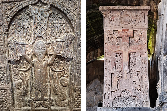 Khachkars with a crucified Christ are the exception, rather than the norm. Left: A rather unusual Christ with Mongolian features and braids is carved onto the khachkar in Sevanavank Monastery on the banks of Lake Sevan; Right: A more familiar Christ on the Holy Saviour khachkar dated 1273, Haghpat Monastery.