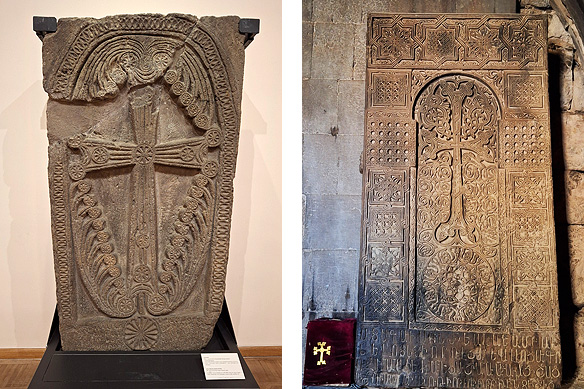 From museums to part of daily worship. Left: Khachkar of the Surb Astvatsatsin Church of Noratus dated 991 in Yerevan's History Museum; Right: Khachkar in a chapel at the 13th Century Noravank Monastery.