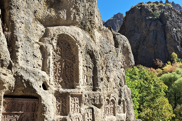 Some khachkars are built onto cliff faces and monastery walls to announce donations by patrons. Geghard Monastery has some of the most outstanding 'wall' mounted khachkars.