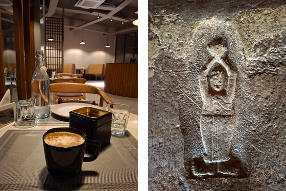 Left: Mavi Retreat's cafe/ restaurant; Right: Prostrated devotee carved on a floor slab in one of the Badami Cave Temples.