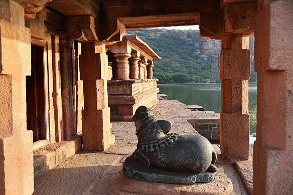 Early-8th Century Bhoothnath temple complex with a Nandi on the banks of Agastya Teerth.