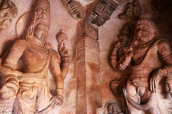 Harihara, a unified form of the gods Vishnu and Shiva, with the lion-headed Narasimha, Vishnu's 4th avatar, in Cave 3.