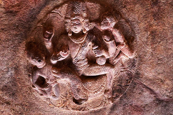 Bas relief of Brahma, the Creator, on the ceiling of Cave 3's Sabhamantapa or Congregation Hall.