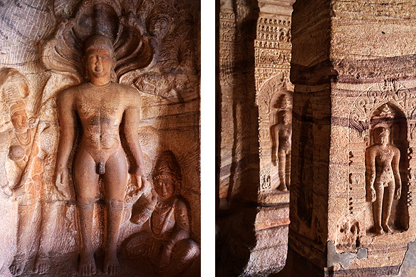 Unlike the first three caves, Cave 4 is a Jain rock-cut temple. Left: Parshvanatha, the 23rd Tirthankara is identified by the five-headed snake above his head.