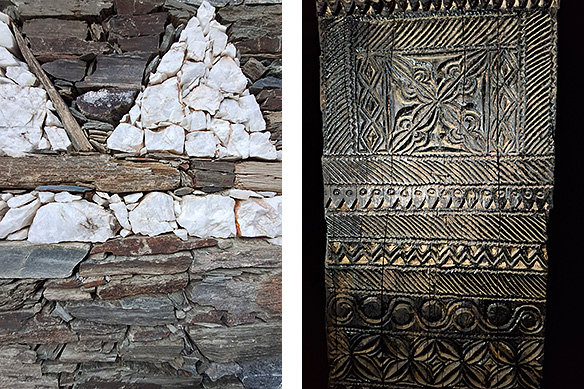Quartz triangles and carved wooden pillars decorate the 18th Century Bakrosh Ben Allas Heritage Castle in the Al-Baha mountains.