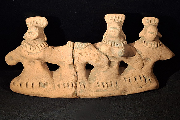 Four dancing anthropomorphic figures, one headless, wear decorative headgear and necklaces. 2nd Century CE, Piprahwa, Uttar Pradesh.