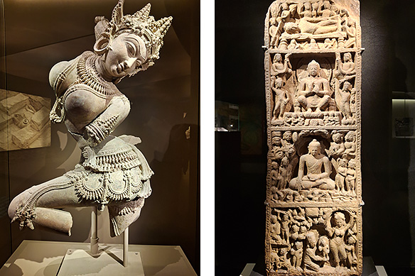 Left: The intricately carved Apsara [celestial dancer], repatriated from the USA, embodies traditional beauty in her graceful dancing pose. 11th Century CE, Madhya Pradesh. Right: A relief with the five principal episodes from the life of Sakyamuni Buddha—his birth, renunciation, enlightenment, first sermon, and Mahaparinirvana. 5th Century CE, Sarnath, Uttar Pradesh.
