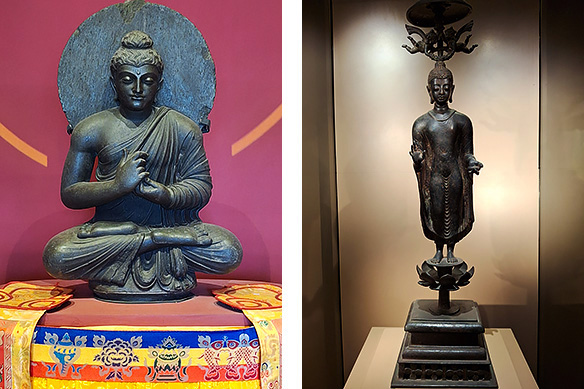Left: Seated Buddha from Gandhara in Indo-Greek style depicts him teaching with serene expression and flowing drapery. 2nd Century CE, Loriyan Tangai [North-West part of Undivided India]. Right: Buddha in Abhaya mudra, gesture of fearlessness, standing on a dual lotus throne with a stepped base. The parasol is adorned with winged cherubs. 5th Century CE, Madhya Pradesh.