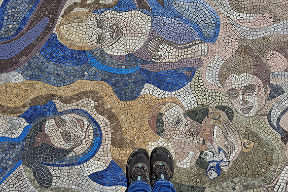 Mosaic in Batumi Piazza by Georgian-Swiss designer Natalia De Pita-Amirejibi comprises 88,244,735 cut and treated tiles of 1 sq. cm each. The marble for the tiles was sourced from 15 different countries.