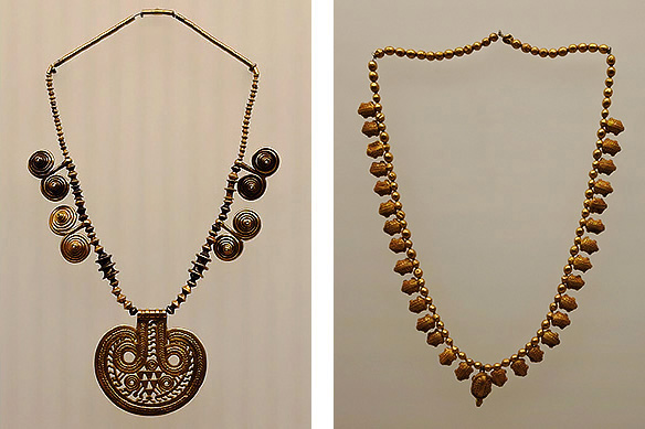Left: Necklace, Trialeti Great Barrows Culture, late-3rd – early-2nd Millennium BCE; Right: Necklace with 31 turtle pendants decorated with granulation and glass eyes, Vani, Burial 11 of a noble Colchian woman, mid-5th Century BCE.