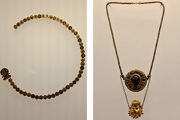 Left: Agraffe, Ureki Hoard, 1st – 4th Centuries CE; Right: Necklace with amethyst cameo and cloisonne inlays, Armaziskhevi, Burial 7, 2nd – 3rd Centuries CE.
