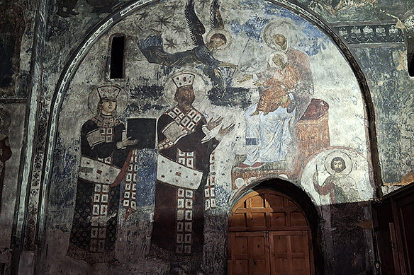 Fresco of King Tamar [left] with her father King Giorgi III. This fresco in Vardzia is the only surviving portrait of Tamar painted during her lifetime in the 12th Century.