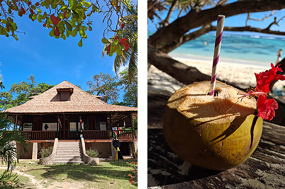 La Digue. Left: L'Union Estate, Right: Fresh coconut water at Anse Source d'Argent.
