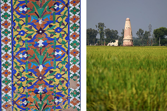 Left: Detail of glazed tile mosaic on Dakhni Caravanserai's main gateway [1640 CE], Jalandhar; Right: Kos Minar, marker of a kos [2 miles], outside Dakhni Caravanserai, flags the turnoff for Kashmir.